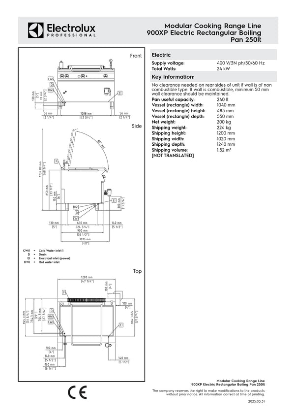 Electrolux Professional 900XP E9BSELIUFE - 250 Litre Electric Rectangular Stock Pot
