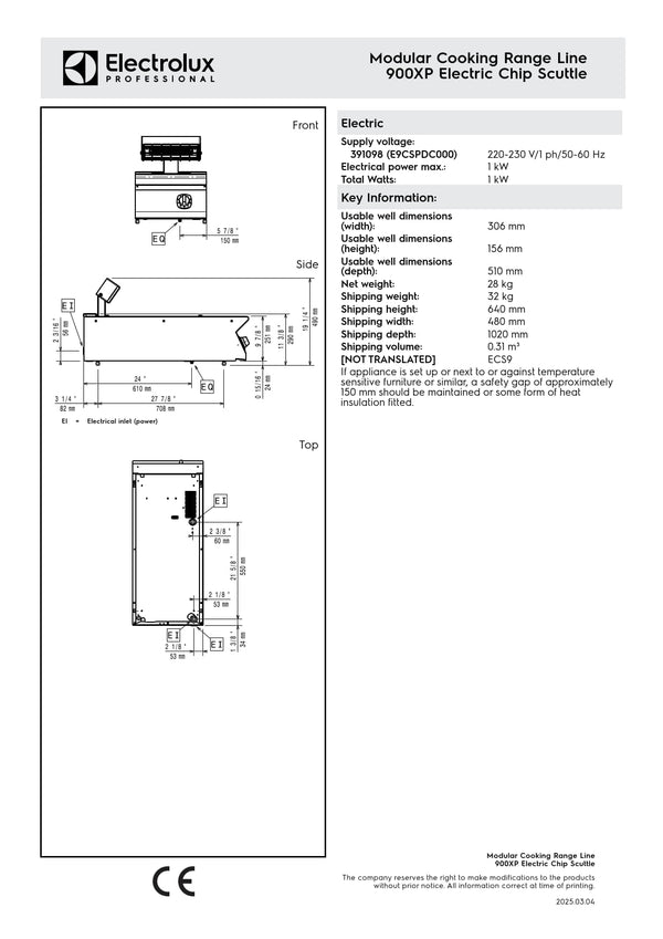 Electrolux Professional 900XP E9CSPDC000 - Electric Chip Scuttle
