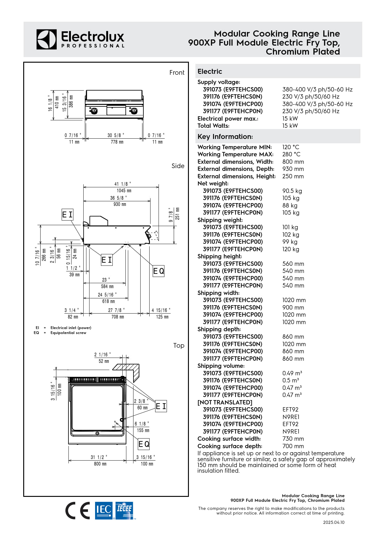 Electrolux Professional 900XP E9FTEHCS00 - Electric Griddle Plate