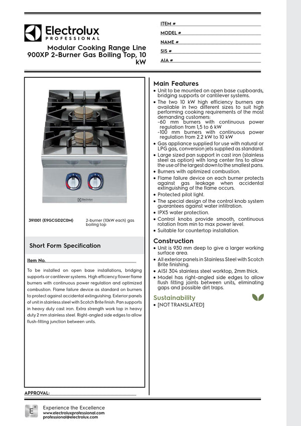 Electrolux Professional 900XP E9GCGD2C0M - Two Burner Gas Cook Top