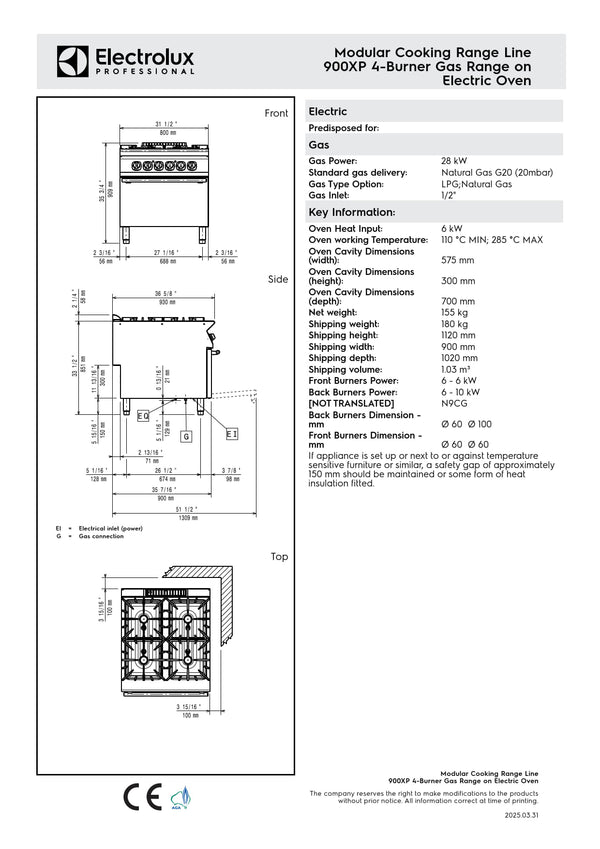 Electrolux Professional 900XP E9GCGHTCEA - Four Burner Gas Range with Electric Oven
