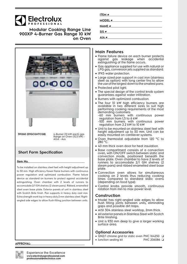 Electrolux Professional 900XP E9GCGHTCGB - Four Burner Gas Range Oven