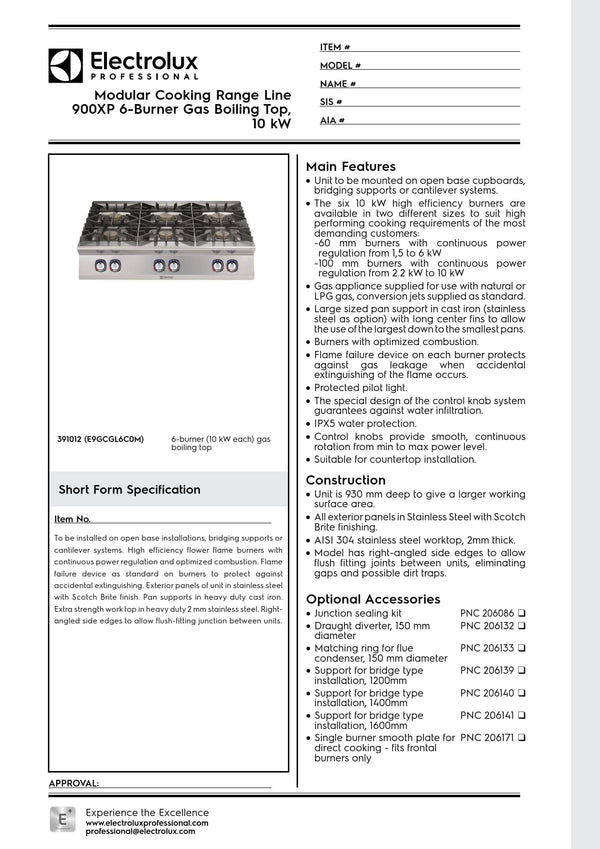 Electrolux Professional 900XP E9GCGL6C0M - Six Burner Gas Cook Top