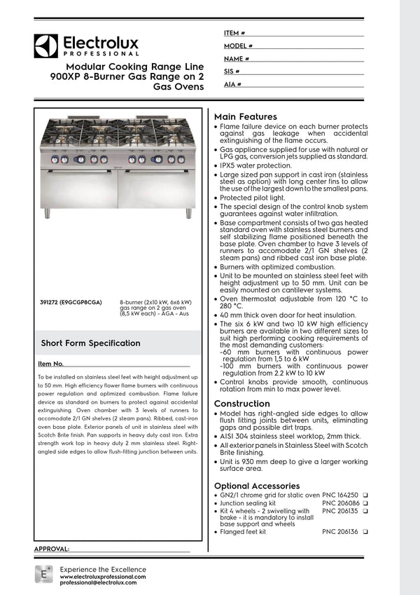 Electrolux Professional 900XP E9GCGP8CGA - Eight Burner Gas Double Range Oven