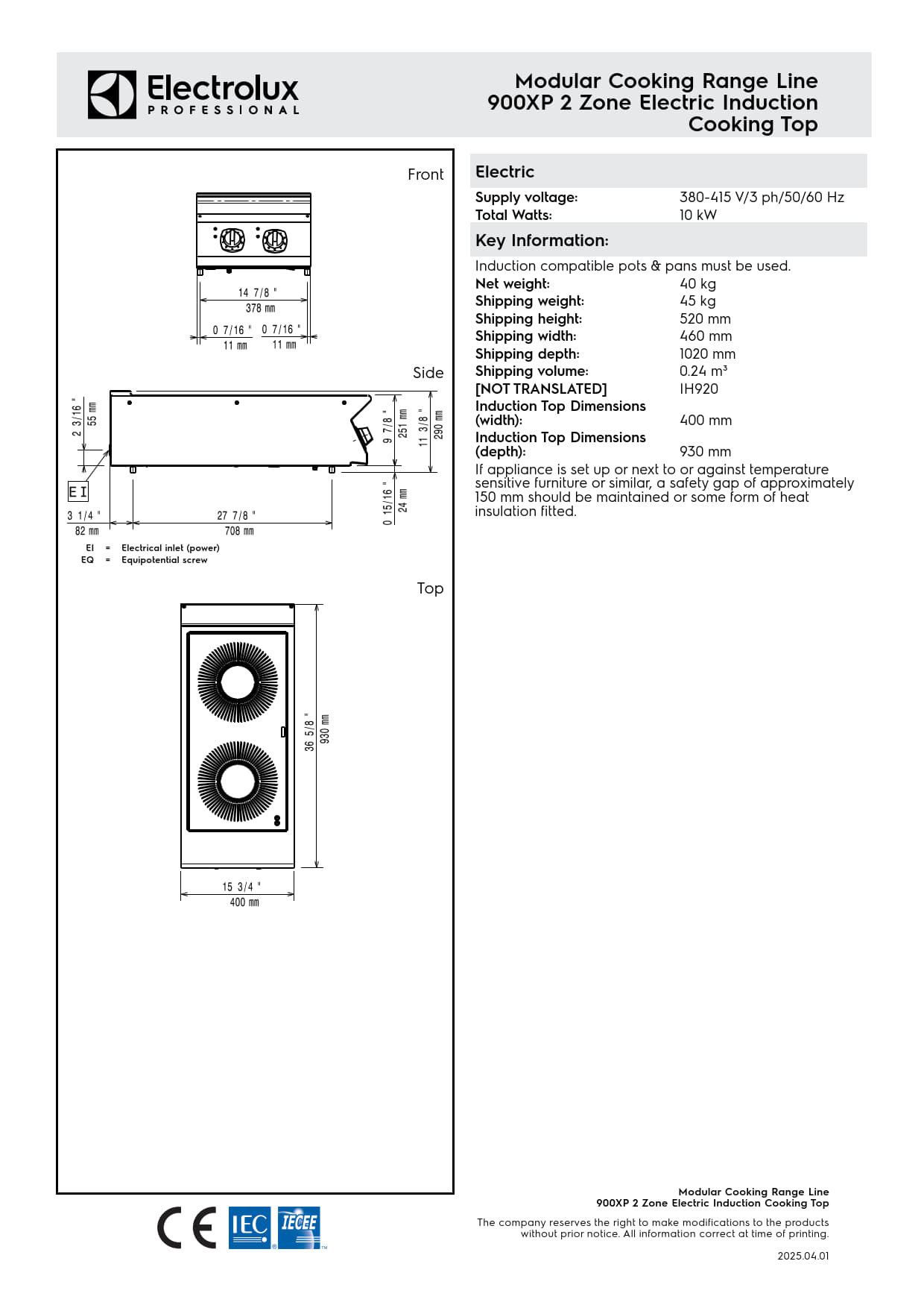 Electrolux Professional 900XP E9INED2008 - Two Zone Electric Induction Cook Top