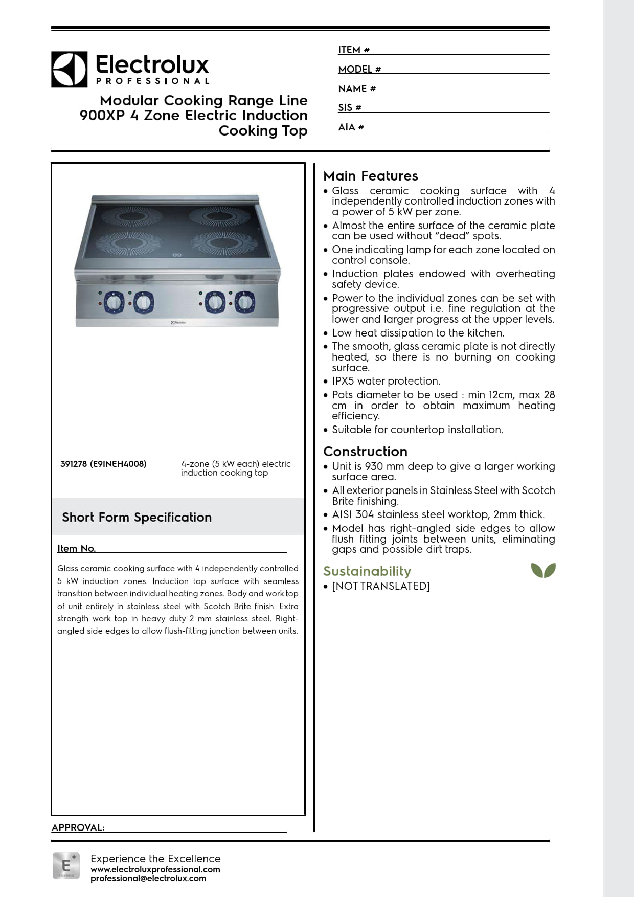 Electrolux Professional 900XP E9INEH4008 - Four Zone Electric Induction Cook Top