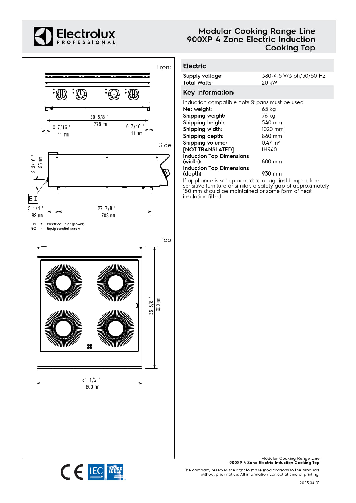 Electrolux Professional 900XP E9INEH4008 - Four Zone Electric Induction Cook Top