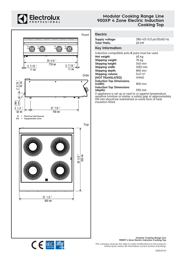 Electrolux Professional 900XP E9INEH4008 - Four Zone Electric Induction Cook Top