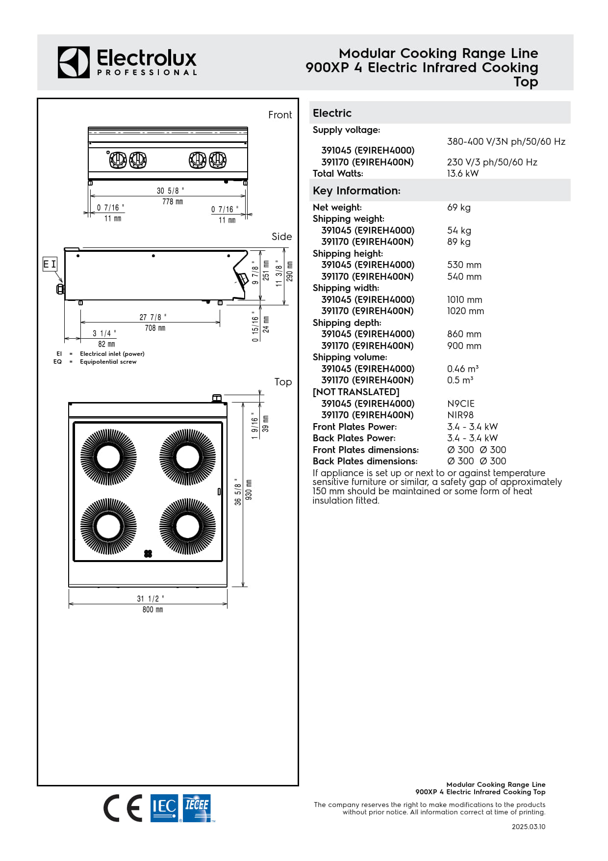 Electrolux Professional 900XP E9IREH4000 - Four Zone Electric Infrared Cook Top