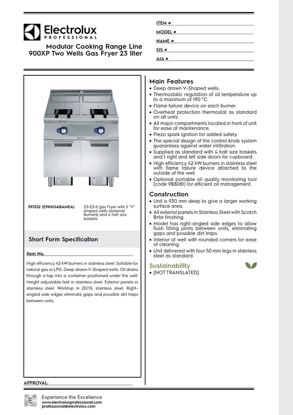 Electrolux Professional 900XP E9KKGABAMEA - Double Pan Gas Fryer