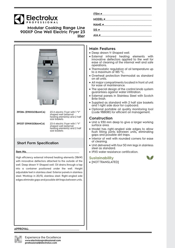 Electrolux Professional 900XP E9KKGDBAMCA - Single Pan Electric Fryer