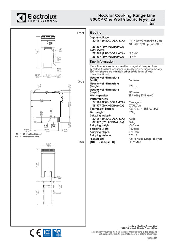 Electrolux Professional 900XP E9KKGDBAMCA - Single Pan Electric Fryer