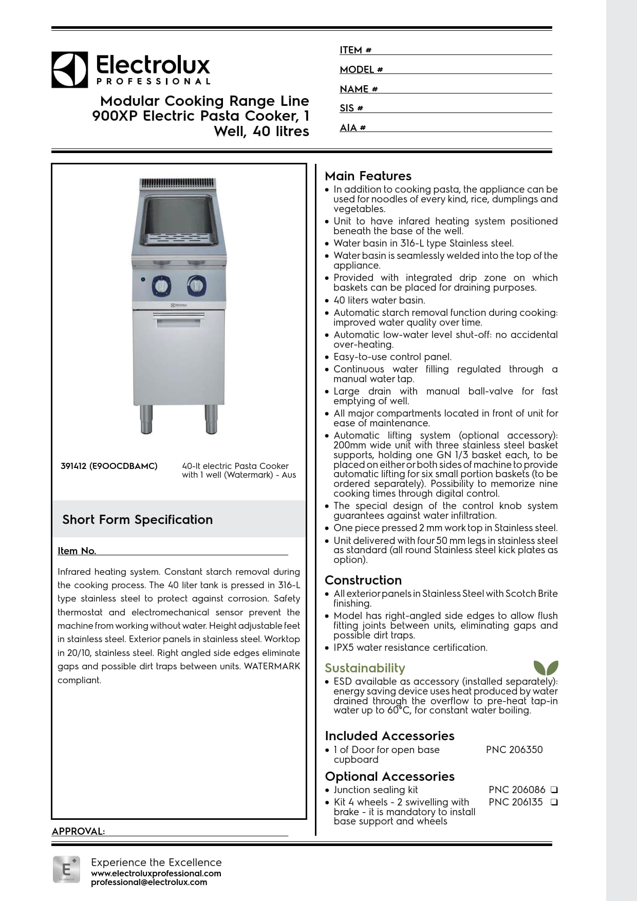 Electrolux Professional 900XP E9OOCDBAMC - Single Well Electric Pasta Cooker