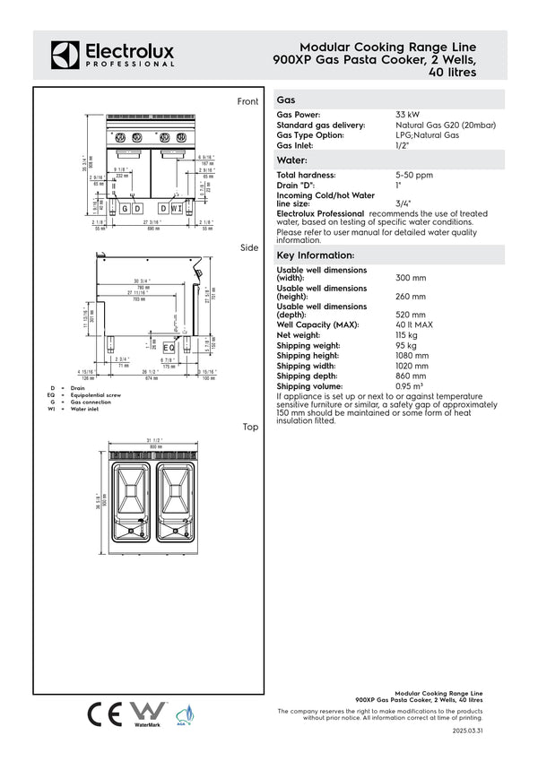 Electrolux Professional 900XP E9OODSBAME - Double Well Gas Pasta Cooker