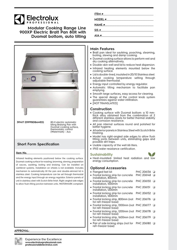 Electrolux Professional 900XP E9PPBDBAMED - 80 Litre Electric Bratt Pan