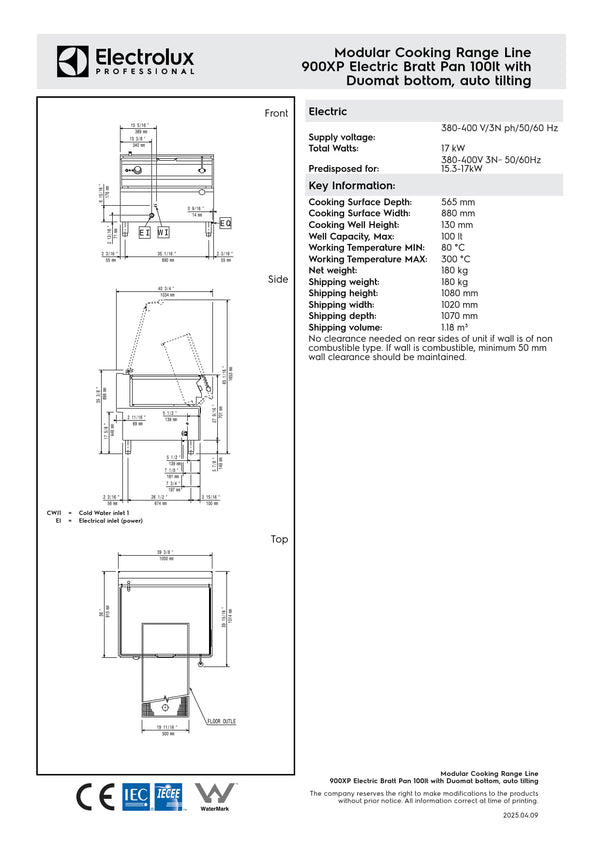 Electrolux Professional 900XP E9PPCDBAMGD - 100 Litre Electric Bratt Pan