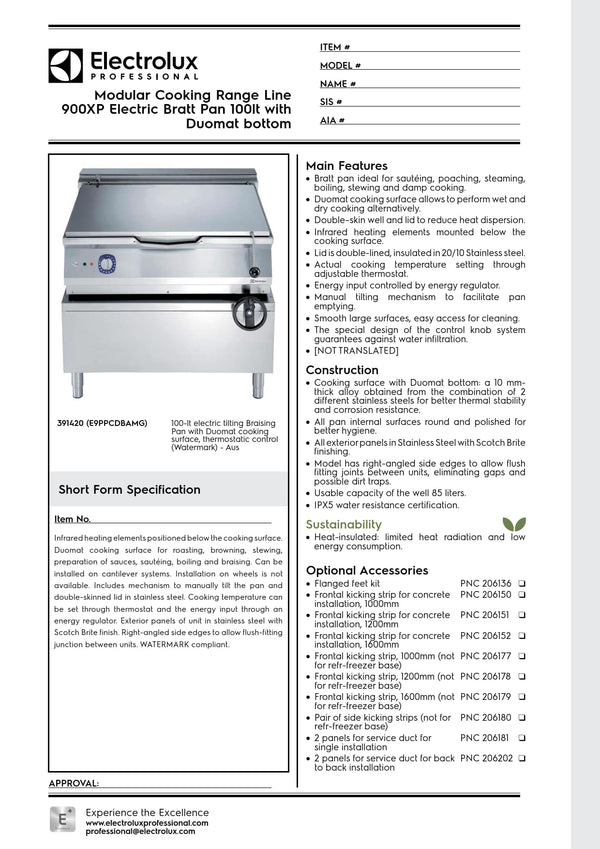 Electrolux Professional 900XP E9PPCDBAMG - 100 Litre Electric Bratt Pan