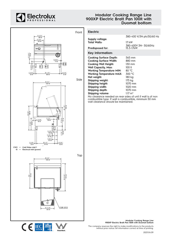 Electrolux Professional 900XP E9PPCDBAMG - 100 Litre Electric Bratt Pan