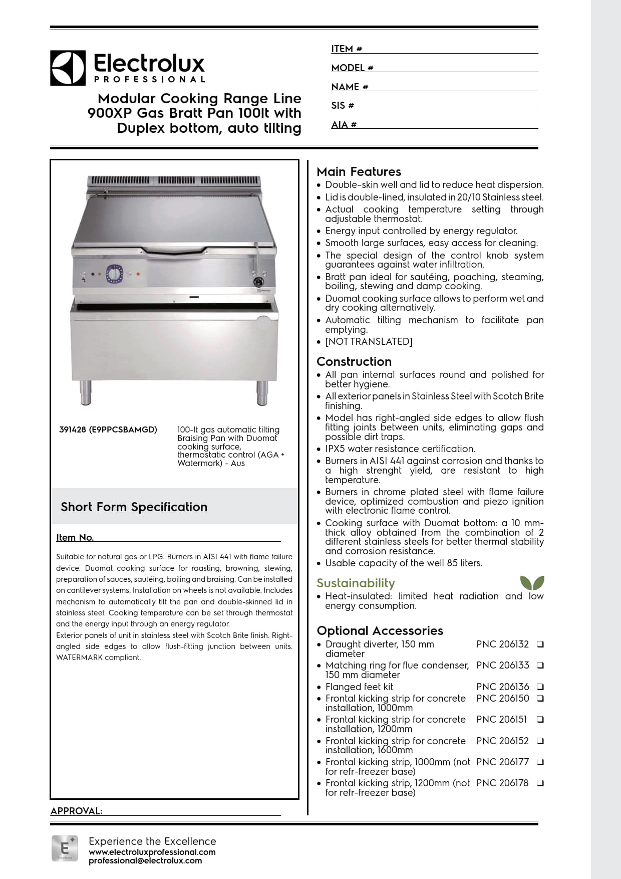 Electrolux Professional 900XP E9PPCSBAMGD - 100 Litre Gas Bratt Pan
