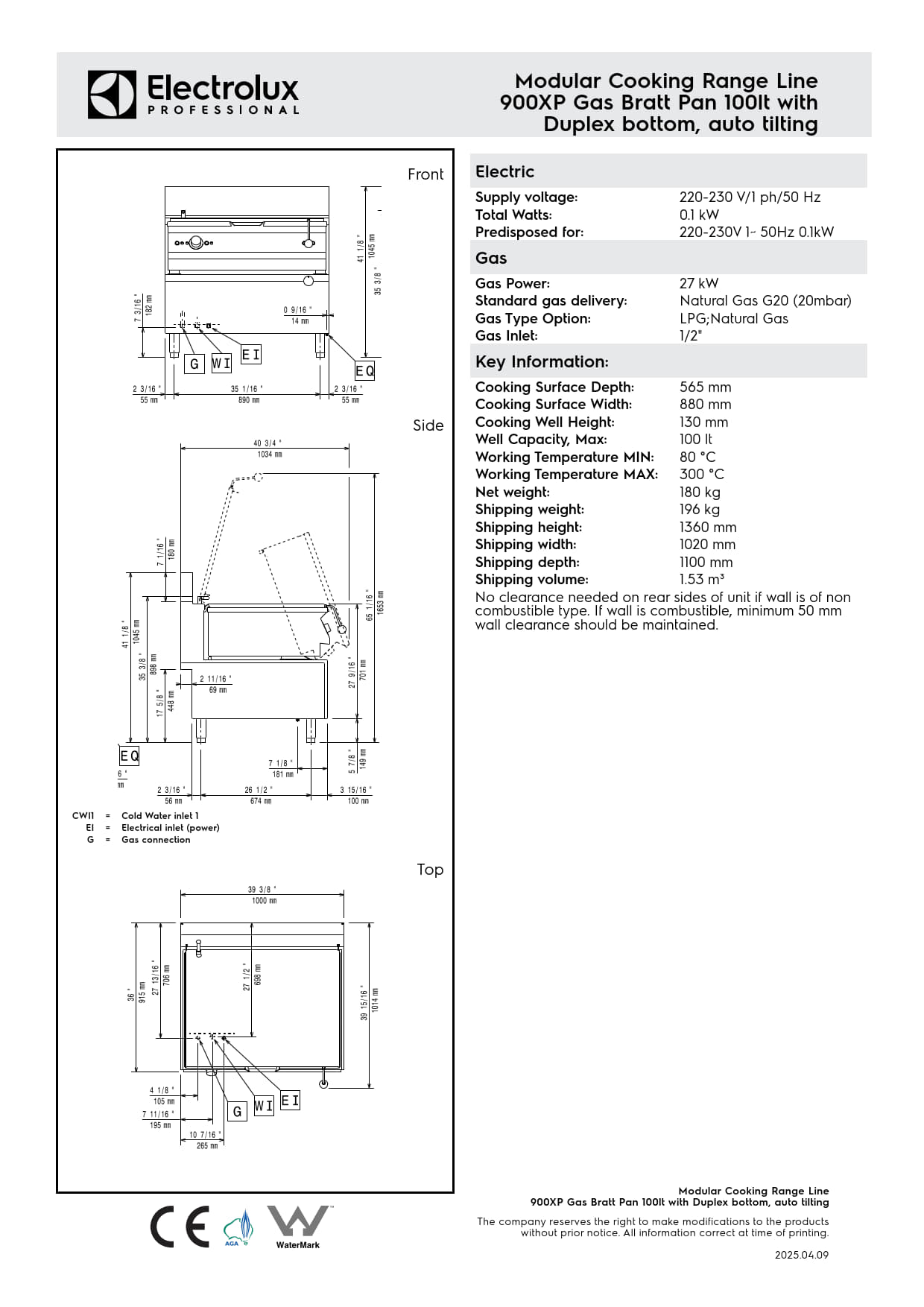Electrolux Professional 900XP E9PPCSBAMGD - 100 Litre Gas Bratt Pan
