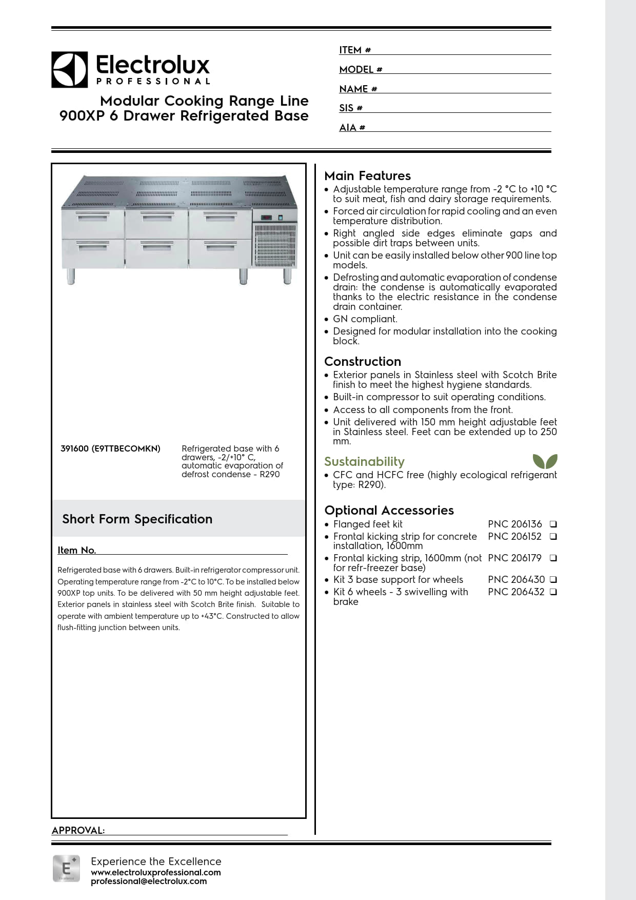 Electrolux Professional 900XP E9TTBECOMKN- Refrigerated Base with Six Drawers