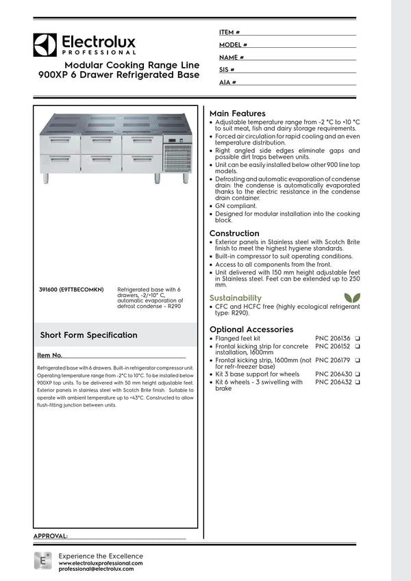Electrolux Professional 900XP E9TTBECOMKN- Refrigerated Base with Six Drawers