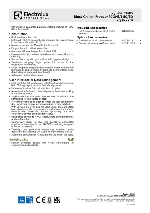 Electrolux Professional SkyLine ChillS EBFA11E - 10 x 1/1GN Blast Chiller Freezer