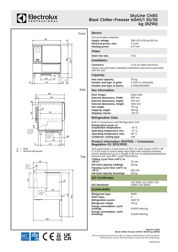 Electrolux Professional SkyLine ChillS EBFA61TE - 6 x 1/1GN Blast Chiller Freezer