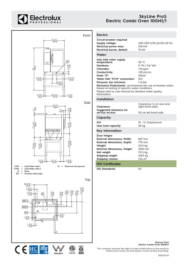 Electrolux Professional SkyLine ProS ECOE101K2S0 - 10 x 1/1GN Electric Direct Steam Combi Oven with Touch Controls
