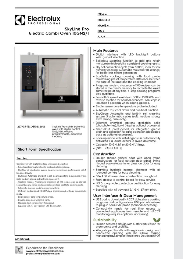 Electrolux Professional SkyLine Pro ECOE102C2S0 - 10 x 2/1GN Electric Direct Steam Combi Oven with Digital Controls