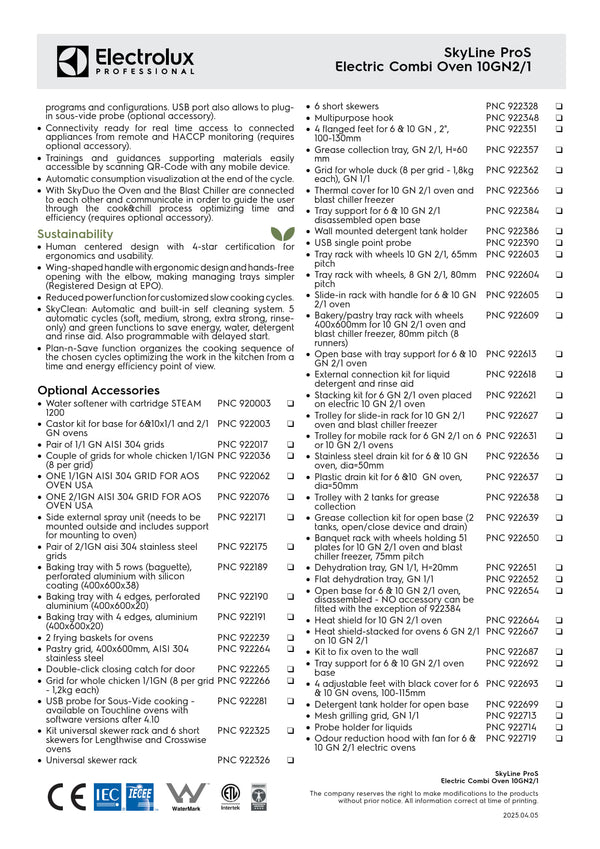 Electrolux Professional SkyLine ProS ECOE102K2S0 - 10 x 2/1GN Electric Direct Steam Combi Oven with Touch Controls