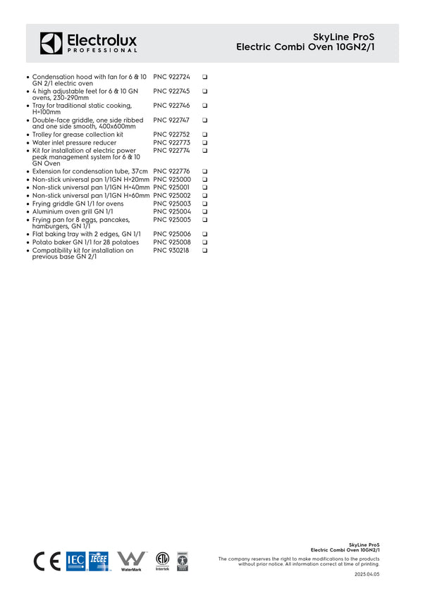 Electrolux Professional SkyLine ProS ECOE102K2S0 - 10 x 2/1GN Electric Direct Steam Combi Oven with Touch Controls