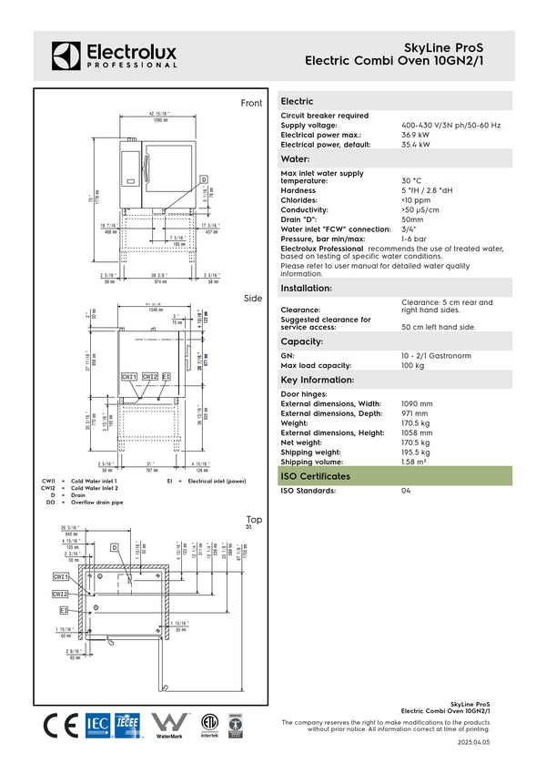 Electrolux Professional SkyLine ProS ECOE102K2S0 - 10 x 2/1GN Electric Direct Steam Combi Oven with Touch Controls
