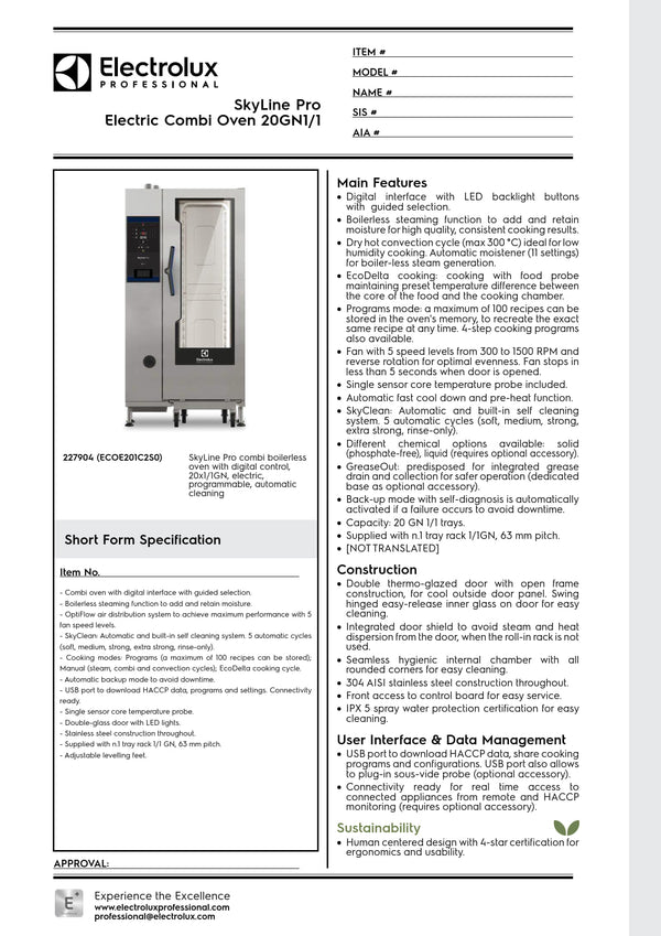 Electrolux Professional SkyLine Pro ECOE201C2S0 - 20 x 1/1GN Electric Direct Steam Combi Oven with Digital Controls