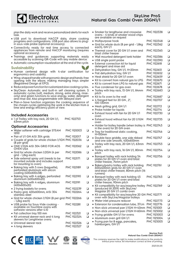 Electrolux Professional SkyLine ProS ECOE201K2U0 - 20 x 1/1GN Gas Direct Steam Combi Oven with Touch Controls