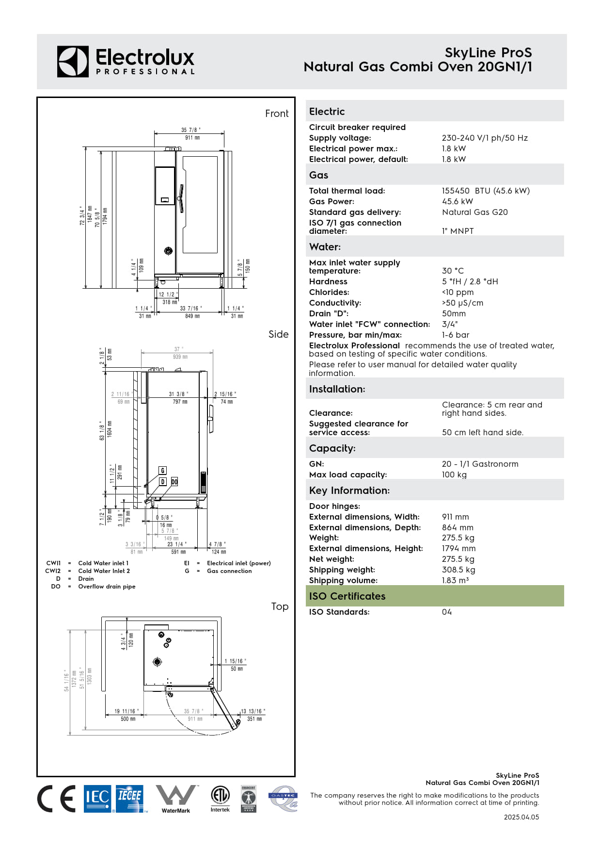 Electrolux Professional SkyLine ProS ECOE201K2U0 - 20 x 1/1GN Gas Direct Steam Combi Oven with Touch Controls