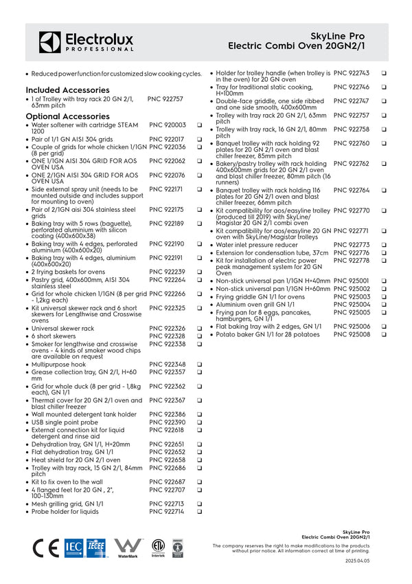 Electrolux Professional SkyLine Pro ECOE202C2S0 - 20 x 2/1GN Electric Direct Steam Combi Oven with Digital Controls