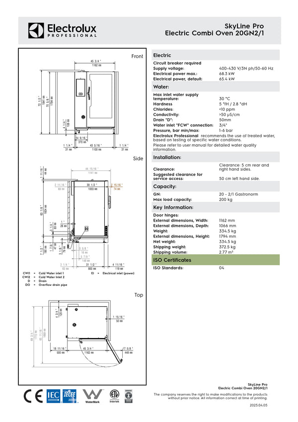 Electrolux Professional SkyLine Pro ECOE202C2S0 - 20 x 2/1GN Electric Direct Steam Combi Oven with Digital Controls