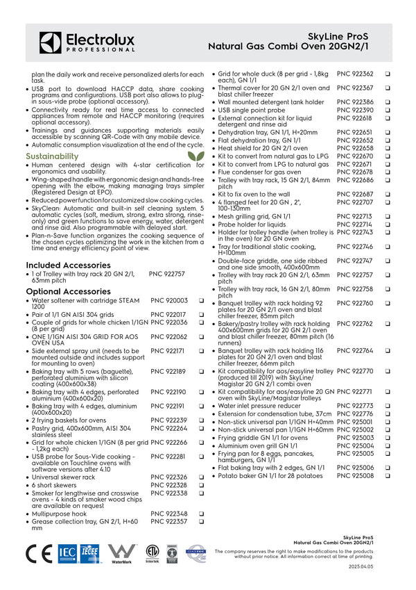 Electrolux Professional SkyLine ProS ECOE202K2U0 - 20 x 2/1GN Gas Direct Steam Combi Oven with Touch Controls