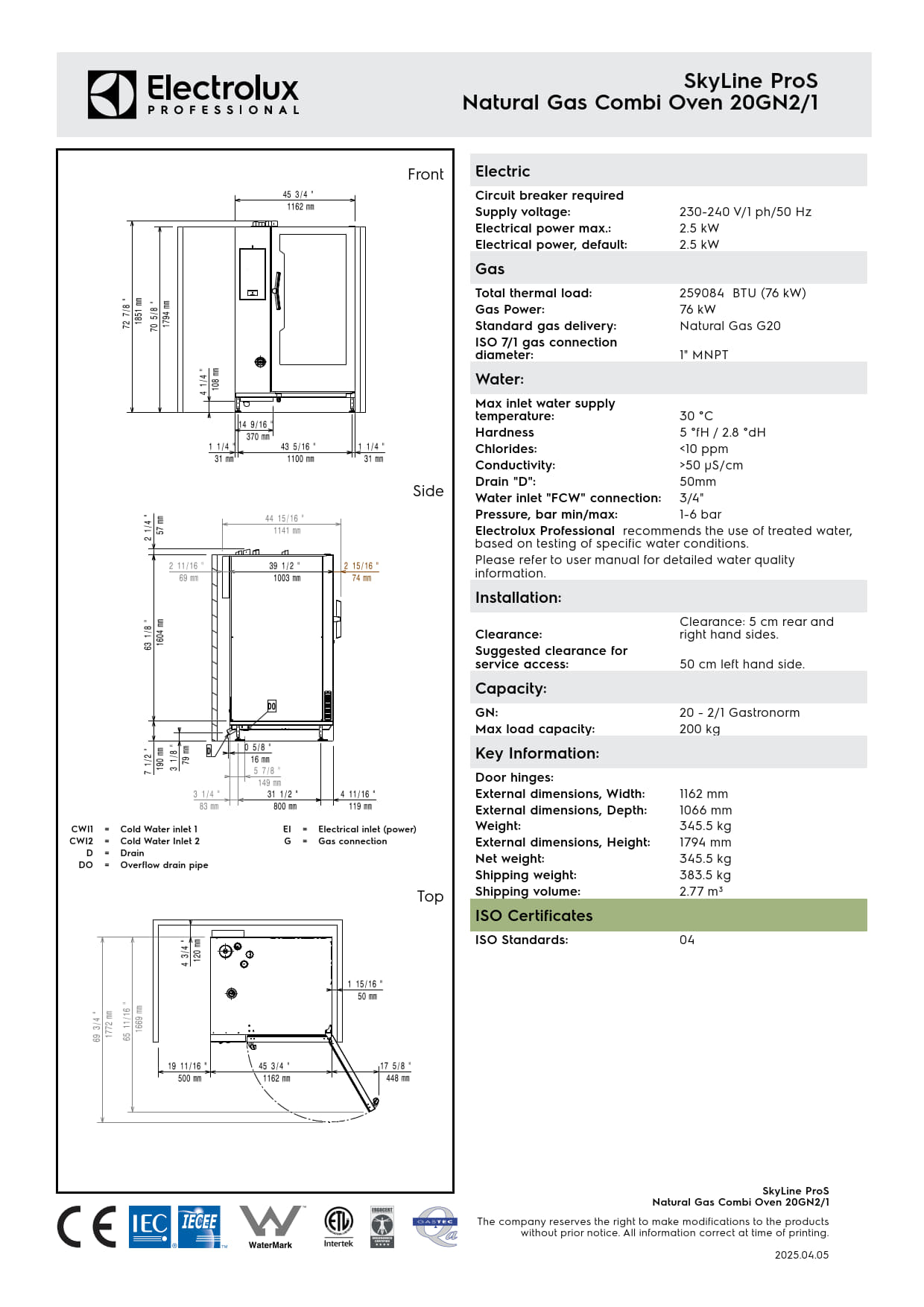 Electrolux Professional SkyLine ProS ECOE202K2U0 - 20 x 2/1GN Gas Direct Steam Combi Oven with Touch Controls