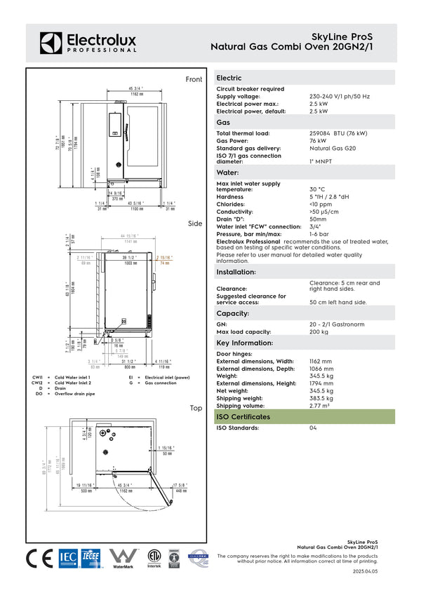 Electrolux Professional SkyLine ProS ECOE202K2U0 - 20 x 2/1GN Gas Direct Steam Combi Oven with Touch Controls