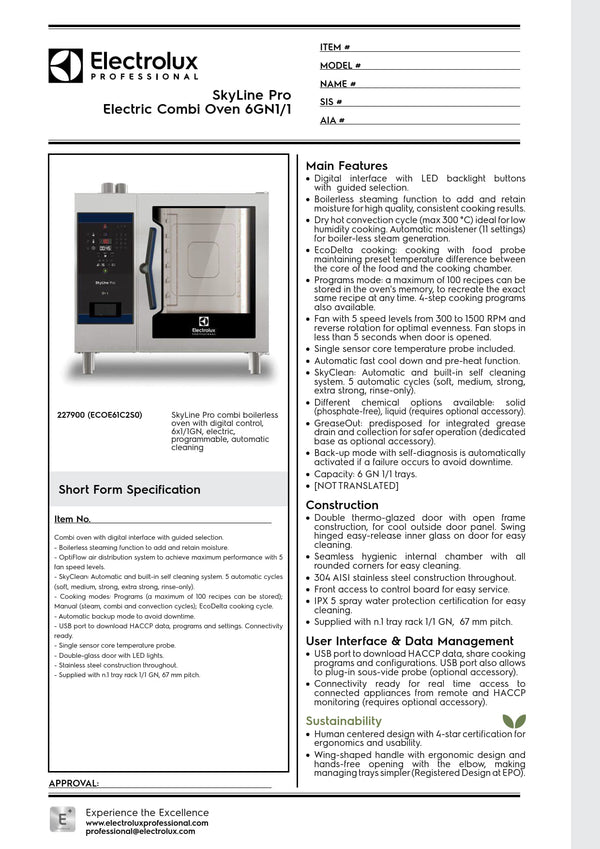 Electrolux Professional SkyLine Pro ECOE61C2S0 - 6 x 1/1GN Electric Direct Steam Combi Oven with Digital Controls