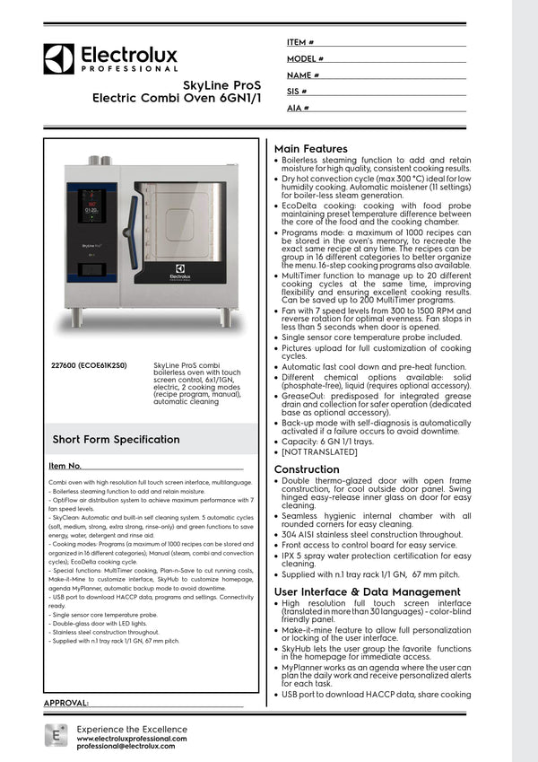 Electrolux Professional SkyLine ProS ECOE61K2S0 - 6 x 1/1GN Electric Direct Steam Combi Oven with Touch Controls