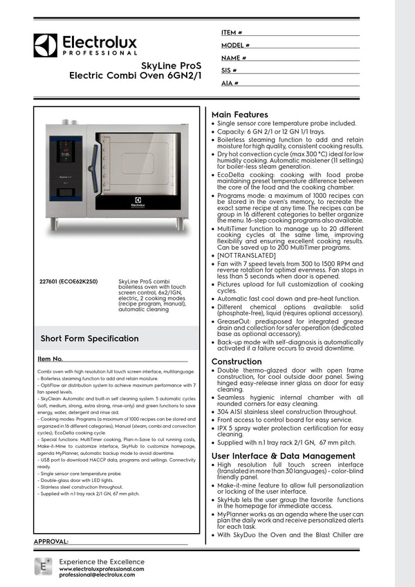Electrolux Professional SkyLine ProS ECOE62K2S0 - 6 x 2/1GN Electric Direct Steam Combi Oven with Touch Controls