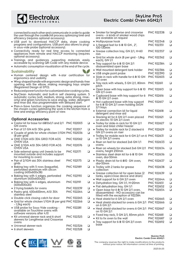 Electrolux Professional SkyLine ProS ECOE62K2S0 - 6 x 2/1GN Electric Direct Steam Combi Oven with Touch Controls