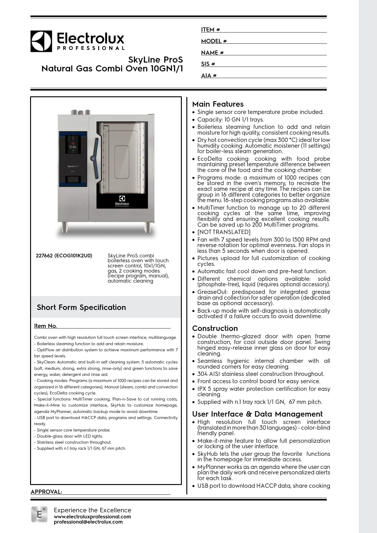 Electrolux Professional SkyLine ProS ECOG101K2U0 - 10 x 1/1GN Gas Direct Steam Combi Oven with Touch Controls