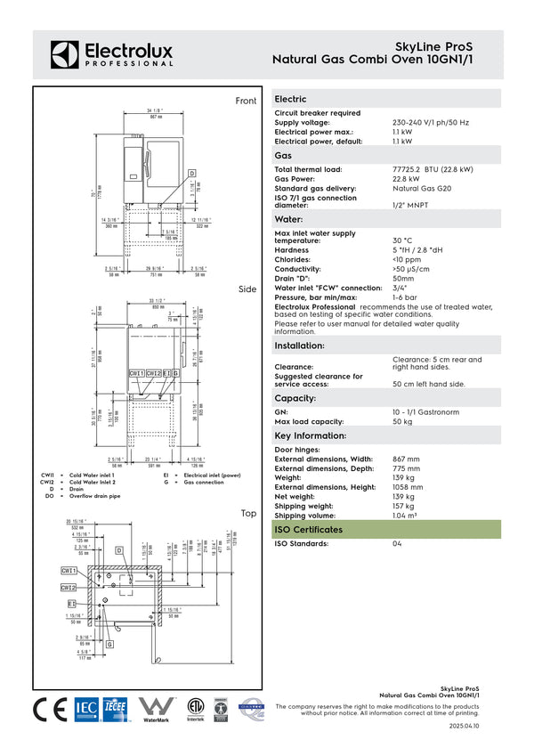Electrolux Professional SkyLine ProS ECOG101K2U0 - 10 x 1/1GN Gas Direct Steam Combi Oven with Touch Controls