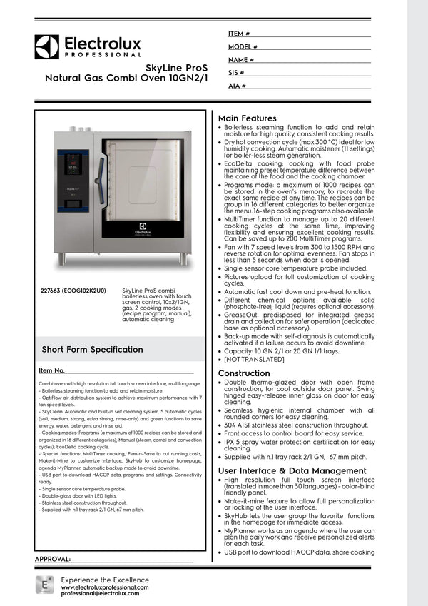 Electrolux Professional SkyLine ProS ECOG102K2U0 - 10 x 2/1GN Gas Direct Steam Combi Oven with Touch Controls