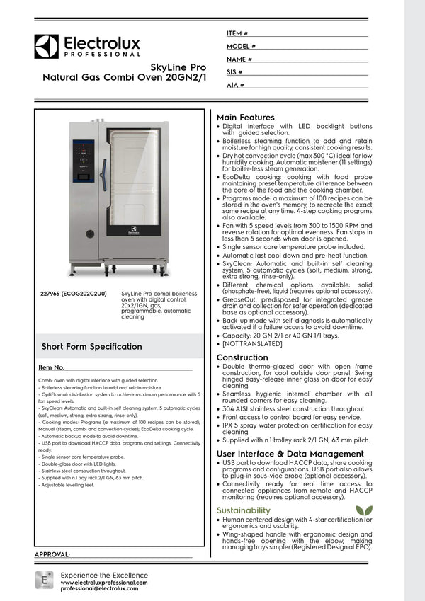 Electrolux Professional SkyLine Pro ECOG202C2U0 - 20 x 2/1GN Gas Direct Steam Combi Oven with Digital Controls