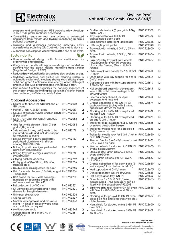 Electrolux Professional SkyLine ProS ECOG61K2U0 - 6 x 1/1GN Gas Direct Steam Combi Oven with Touch Controls